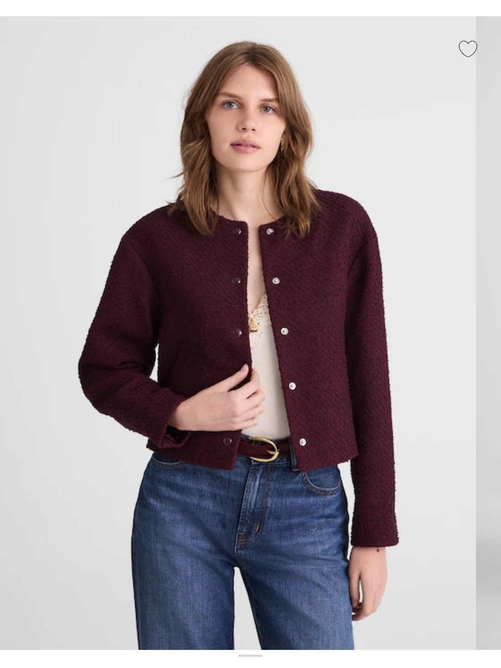 Madewell Cropped Bouclé Snap-Front Jacket in Deep Burgundy